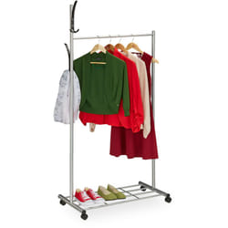 Relaxdays Appendiabiti con Rotelle, HxLxP: 165 x 80 x 44 cm, Metallo, Stand con Ripiano, Portascarpe, Argento Nero