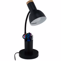 Questa lampada da tavolo in metallo nero offre un design elegante con base rotonda. Dotata di un portapenne integrato, puoi o ...