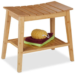 Sgabello da Bagno con Ripiano, Mobiletto in Bambù, 45 x 51,5 x 34 cm, Sgabellino per Corridoio, Marrone Chiaro - Relaxdays