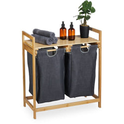 Scaffale Portabiancheria, Mobiletto da Bagno in Bambù con 2 Sacchi Rimovibili 73 x 64 x 33 cm, Marrone Grigio - Relaxdays