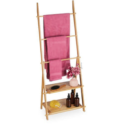 Porta Asciugamani da Terra in Bambù, Portasalviette 3 Bracci, 2 Ripiani, Autoportante, 134x53x31,5 cm, Marrone - Relaxdays