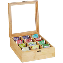Relaxdays - Scatola Porta Tè e Tisane, 12 Scomparti, Cofanetto con Coperchio, hlp: 9,5 x 26,5 x 28,5 cm, Bambù Naturale