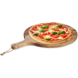 Relaxdays - Piatto per Pizza con Manico, ø 35,5 cm, Tagliere Rotondo in Legno di Acacia per Formaggi e Aperitivo, Marrone