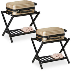 Portavaligie da Camera Pieghevole, Set da 2, Reggi Valigia in Legno, 2 Ripiani, Hotel, 54 x 66 x 45 cm, Nero - Relaxdays