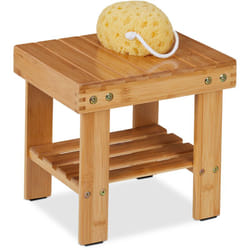 Sgabello da Bagno con Ripiano, Mobiletto in bambù, 26 x 27 x 22,5 cm, Sgabellino per Corridoio, Marrone Chiaro - Relaxdays