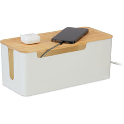 Relaxdays - Scatola Porta Cavida Scrivania, Nascondicavi e 2 Prese, Cable Box 13x31x14cm, Coperchio Bambù, Naturale Bianco