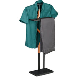Servo Muto da Camera, 107x47,5x20 cm, Appendiabiti per Giacca Camicia e Pantalone, Acciaio e mdf, Nero Marrone - Relaxdays