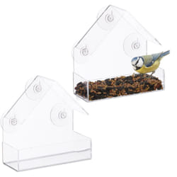 Relaxdays - Mangiatoia per Uccelli Selvatici, Set 2 Casette Semi per Volatili con 3 Ventose, hlp: 15x15x7 cm, Trasparente