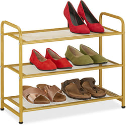 Relaxdays Scarpiera Ingresso, Mobiletto Portascarpe con 3 Ripiani per 6 Paia di Scarpe Salvaspazio, 48x60x25 cm, Oro