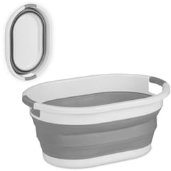 Relaxdays - Cesto Portabiancheria Pieghevole, 22 Litri, Contenitore Salvaspazio in Plastica con Impugnature, Grigio Bianco