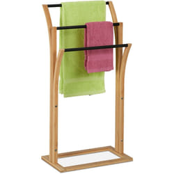 Portasciugaman da Terra, in Bambù, Piantana con 3 Aste Sfalsate Asciugamani, 82x42x24 cm, Bagno, Marrone Nero - Relaxdays
