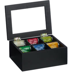 Relaxdays - Scatola Porta Tè e Tisane, 6 Scomparti per Capsule Caffè, Cofanetto con Coperchio, 9x21,5x16 cm, Bambù, Nero