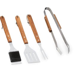 Relaxdays - Set Accessori Barbecue, 4 Attrezzi Bbq, Spatola, Pinza, Spazzola, Spiedo, Acciaio Inox, Legno, Marrone Argento