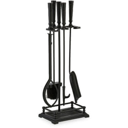 Set da 5 Attrezzi da Camino o Stufa, Attizzatoio, Pala, Scopino, Pinza e Supporto Porta Utensili, Ferro, Nero - Relaxdays