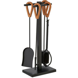 Set da 5 Attrezzi da Camino o Stufa, Attizzatoio, Pala, Scopino, Pinza e Supporto Porta Utensili, Ferro, Nero - Relaxdays