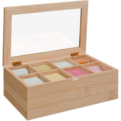 Relaxdays - Scatola Porta Tè, Organizer Cassetti 8 Scomparti, hlp 10,5x32x20 cm, Tea Box con Coperchio, Bambù, Naturale