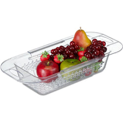 Relaxdays - Vaschetta Scolapasta per Lavandino, Allungabile da 43,5-57 cm, da Appendere per Lavello, Plastica, Trasparente