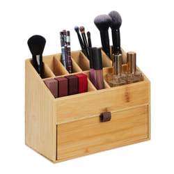 Relaxdays - Organizer in Bambù per Cosmetici, Porta Trucchi, 19 x 25,5 x 12,5 cm, Portapennelli e 1 Cassetto, Naturale