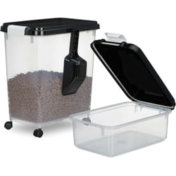 Relaxdays - Scatola per Crocchette Cane, Set 2 Contenitori Cibo Animali, 10L e 30L, Rotelle e Paletta, Trasparente Nero