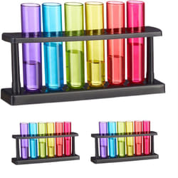 Relaxdays - Set Bicchieri Shot, 18 Bicchierini a Forma di Provetta per Shottini, con 3 Supporti, 40 ml, Plastica, Colorati