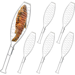 Set 6 Cestelli per Barbecue, Graticola Pesce Grigliato, Girarrosto Griglia in Acciaio Inox l: 54 cm, Argentato - Relaxdays