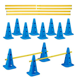 Relaxdays - Coni da Allenamento Ostacoli, Set di Accessori Sport, 12 Birilli da Calcio e 6 Aste da Agility Dog, Blu Giallo