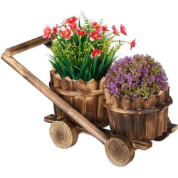 Relaxdays - Fioriera a Carrello con 2 Vasi da Fiori, Portafiori in Legno, per Piante e Piantine, 19x17,5x37 cm, Marrone