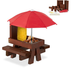 Relaxdays - Tavolino Mangiatoia per Scoiattoli, Stazione Appesa con Ombrellone e Supporto per Pannocchia, Marrone Rosso