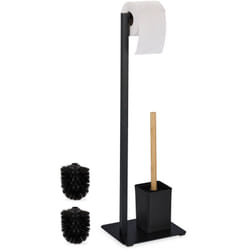 Relaxdays - Porta Carta Igienica da Terra con Scopino wc, Piantana Rotolo e Scopettone Salvaspazio per Bagno, Nero e Bambù