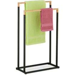 Portasciugamani a 2 Bracci, Piantana Autoportante da Bagno e Cucina, Porta Asciugamani in Ferro Nero e Marrone - Relaxdays