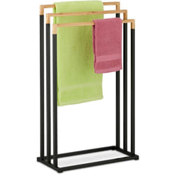 Relaxdays Portasciugamani a 3 Bracci, Piantana Autoportante da Bagno e Cucina, Porta Asciugamani in Ferro Nero e Marrone