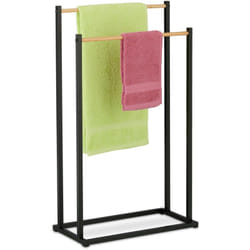 Portasciugamani a 2 Bracci, Piantana Autoportante da Bagno e Cucina, Porta Asciugamani in Ferro Nero e Marrone - Relaxdays