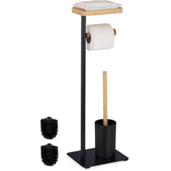Piantana Portarotolo e Scopino, Portascopino da Bagno, Carta Igienica, Supporto Ferro e Bambù, Naturale Nero - Relaxdays