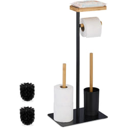 Piantana Portarotolo e Scopino, Portascopino da Bagno, Carta Igienica di Scorta, Ferro e Bambù, Naturale Nero - Relaxdays