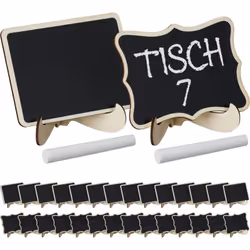 Rendi unici i tuoi eventi con il set di 30 lavagnette segnaposto in legno naturale, disponibili in due design. Perfette per b ...