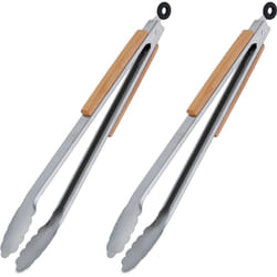 Relaxdays - 2x Pinza da Barbecue, Acciaio Inox e Manico in Legno, Accessori Griglia e Cucina, Lunga 38 cm, Argentato Marrone