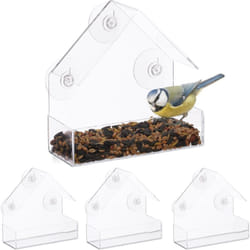 Relaxdays Mangiatoia per Uccelli Selvatici, Set 4 Casette Semi per Volatili con 3 Ventose, HLP: 15x15x7 cm, Trasparente