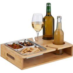 Relaxdays Vassoio da Divano, Couch Bar 3in1, Ciotole in Acciaio per Snack, Porta Bevande e Portacalici, Marrone Argento