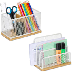 Relaxdays - Set da 2 Organizer da Scrivania, in Metallo, Portacarte e Portapenne, da Ufficio, in Bambù, Bianco/Naturale