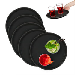 Relaxdays Vassoio Antiscivolo, Set da 5, Rotondo Ø 28 cm, da Portata, per Servizio Ristorante, Bar, Cucina Casa, Nero