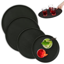 Relaxdays - Vassoio Antiscivolo, Set da 4, Rotondo, Varie Misure, da Portata, per Servizio Ristorante, Bar, Cucina, Nero