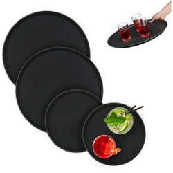Relaxdays - Vassoio Antiscivolo, Set da 4, Rotondo, Varie Misure, da Portata, per Servizio Ristorante, Bar, Cucina, Nero