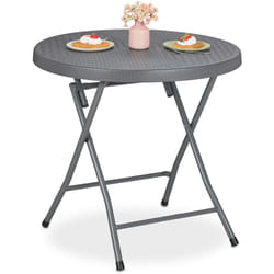 Tavolino da Giardino Pieghevole, HxD: 74 x 80 cm, Aspetto Rattan, Tavolo Rotondo in Plastica e Acciaio, Grigio - Relaxdays