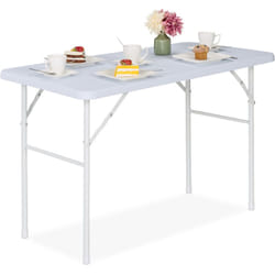 Tavolino Ripiegabile da Giardino, hlp 74x118x60 cm, Tavolo Esterno in Plastica Effetto Legno e Acciaio, Bianco - Relaxdays