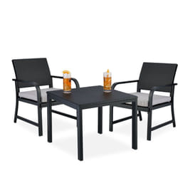 Tavolo da Esterno e Sedie, Set da 3 Mobili da Balcone, Aspetto Rattan, con Cuscini, Plastica e Acciaio, Nero - Relaxdays