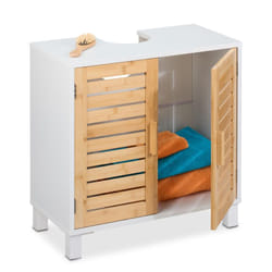 Mobiletto Sottolavabo, hlp: 60x60x32 cm, Armadietto Lavandino, Mobile da Bagno, mdf e Bambù, Naturale Bianco - Relaxdays