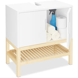 Relaxdays - Mobiletto Sottolavabo, Armadietto per Lavandino, Mobile Bagno, hlp 60,5x60x33 cm, Bambù e mdf, Bianco Naturale