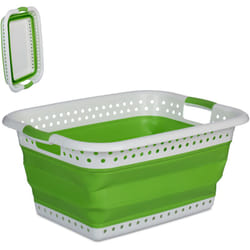 Relaxdays - Cesto Portabiancheria Pieghevole, 36 Litri, Bacinella Salvaspazio in Plastica con Impugnature, Verde Bianco