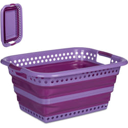 Relaxdays - Cesto Portabiancheria Pieghevole, 35 Litri, Bacinella Salvaspazio in Plastica con Impugnature, Viola Fucsia