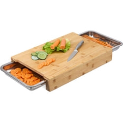 Relaxdays - Tagliere in Bambù con Vaschette Acciaio Inox per Scarti, Asse Cucina, 8x45x30 cm, Tavoletta, Naturale Argento